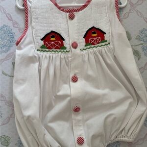 White Baby Romper with Red Barn Embroidery